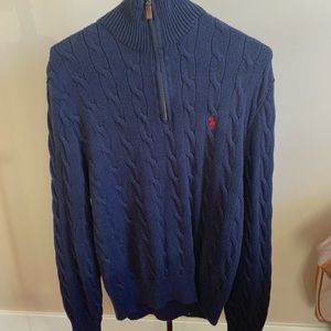 Dark blue Polo half zip turtle neck sweater.